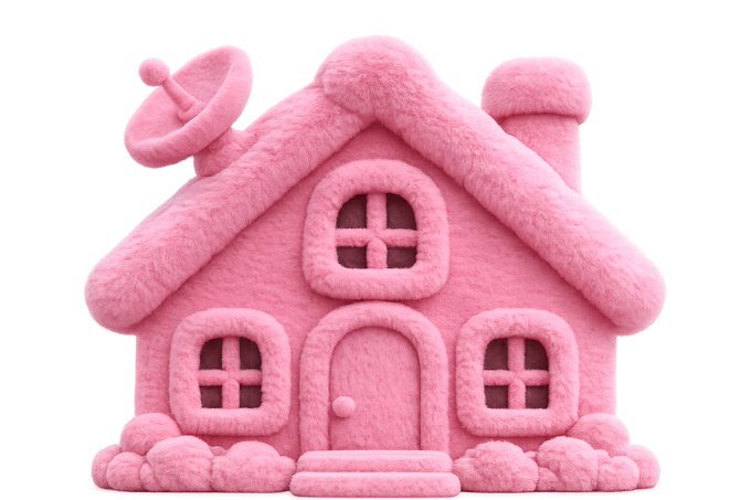 A fluffy pink 3D-rendered house with a satellite dish and chimney stands as a whimsical, plush-styled illustration that visually represents the cozy, playful "FWA At Home" project by @clawdbotatg. The soft, toy-like aesthetic perfectly complements the casual, inviting tone of the post inviting exploration of the V2 build.