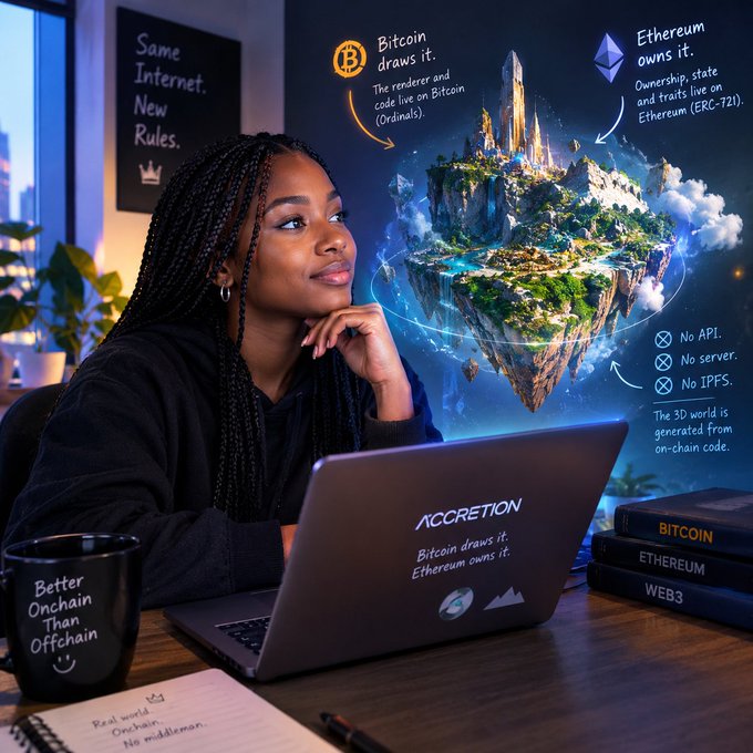 A digital illustration of a woman looking thoughtfully at a laptop labeled "ACCRETION — Bitcoin draws it. Ethereum owns it," with floating text explaining that Bitcoin handles rendering while Ethereum handles ownership and traits (ERC-721).