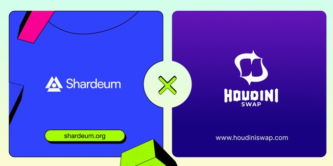 Split promotional banner showing a partnership between Shardeum (shardeum.org) and Houdini Swap (www.houdiniswap.com) connected by a green X mark.