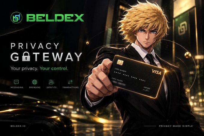 An anime-style promotional graphic for BELDEX features a blonde male character holding a glowing black Visa card, with the tagline 'PRIVACY GATEWAY: Your privacy. Your control.' highlighting messaging, browsing, identity, and transactions.
