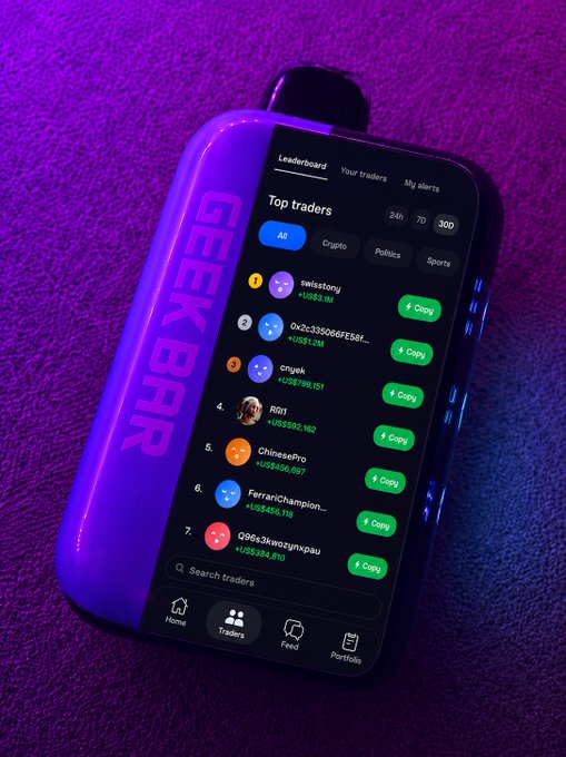 A purple Geek Bar vape device with a built-in screen displaying a 'Top traders' leaderboard with names like swifstony, cnjok, and ChineseBro alongside copy buttons.