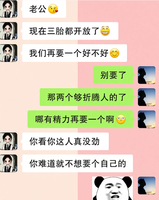 A Chinese chat conversation between spouses debating whether to have a third child now that the three-child policy is open; the husband (green messages) refuses while the wife (white messages) insists, ending with a panda meme face.