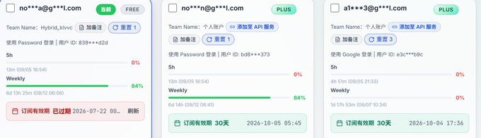 Three subscription management panels showing different API service plans (FREE and PLUS) with usage statistics, email addresses, and subscription validity dates.