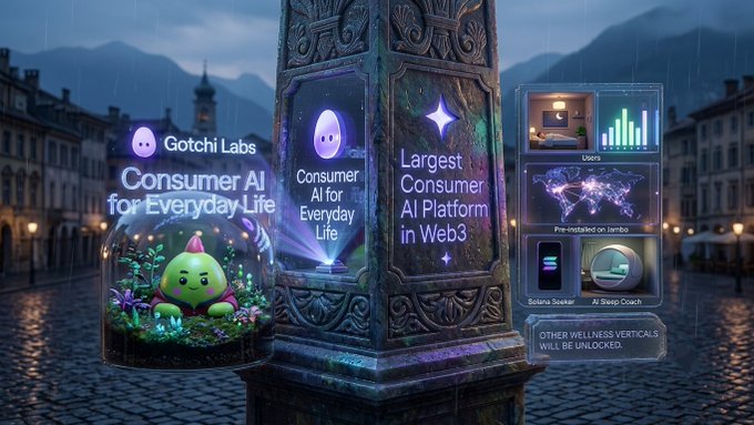 Promotional banner for 'Gotchi Labs' advertising 'Consumer AI for Everyday Life' and 'Largest Consumer AI Platform in Web3' featuring a green creature character in a rainy city setting.