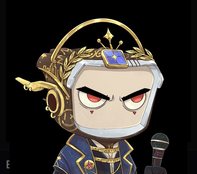 A 3D animated character with a square, metallic head, glowing red eyes, and an ornate blue and gold uniform stands before a microphone.