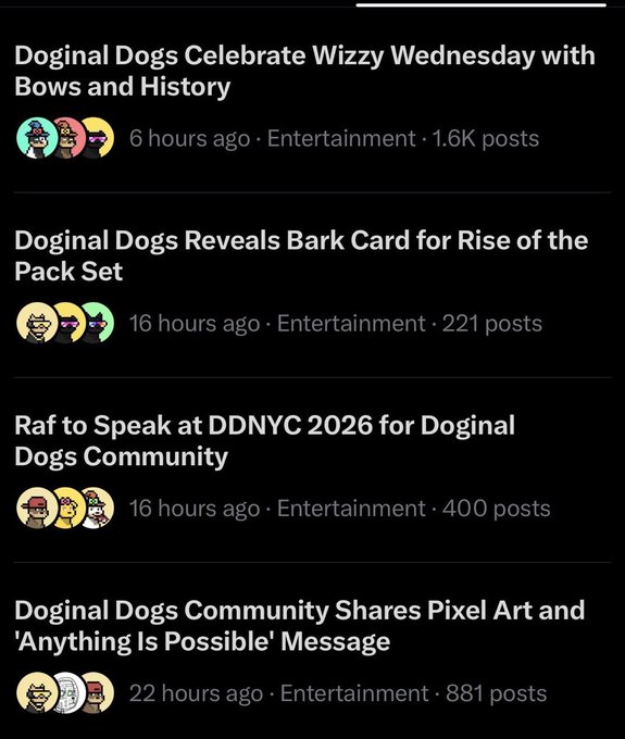 A mobile screenshot showing four Doginal Dogs community posts from the past 24 hours, including headlines about "Wizzy Wednesday," a "Bark Card for Rise of the Pack Set," Raf speaking at DDNYC 2026, and a pixel art/'Anything Is Possible' message, with engagement metrics ranging from 221 to 1.6K posts. The active community buzz shown here aligns with the accompanying promotional post's message of momentum and limited-time pricing.