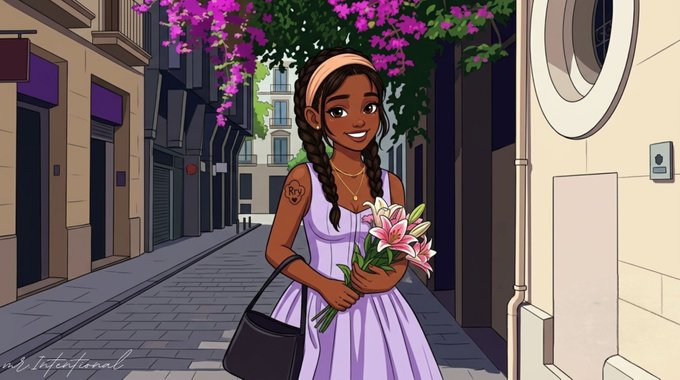 An illustrated scene of a smiling young woman with braided hair holding a bouquet of pink lilies while standing on a European-style street with stone buildings and blooming vines, signed 'mr.instagional'.