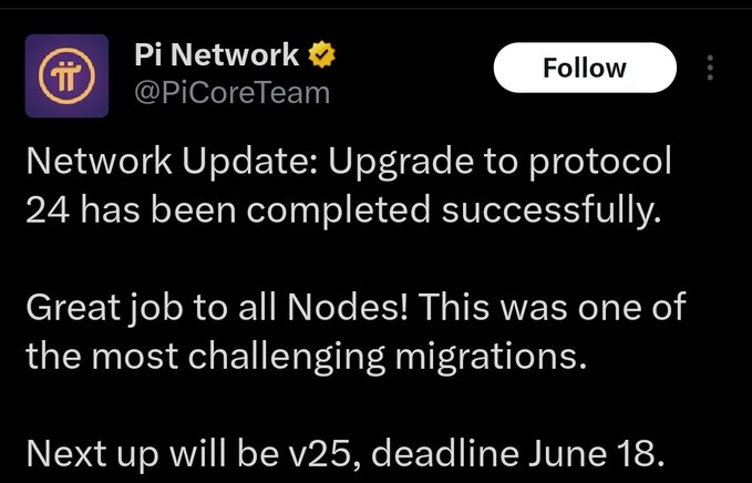 The image shows a black background with white text that reads "BIG UPDATE FOR THE PI ECOSYSTEM! Pi Network has successfully completed the Protocol V24 upgrade V24 is live V25 follows shortly after The network continues to evolve, strengthen, and expand its ecosystem". This message highlights the completion of an important update in the network's infrastructure.