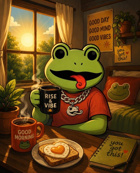 An illustrated cartoon of a green frog wearing a red shirt and chain, holding a black 'RISE & VIBE' mug, with a 'GOOD MORNING' mug, heart-shaped egg toast, and motivational signs like 'GOOD DAY GOOD MIND GOOD VIBES' in a cozy room.