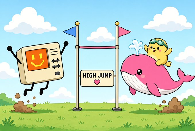A cartoon illustration showing a retro game console jumping over a 'HIGH JUMP' bar alongside a pink whale with a dog wearing goggles on top.