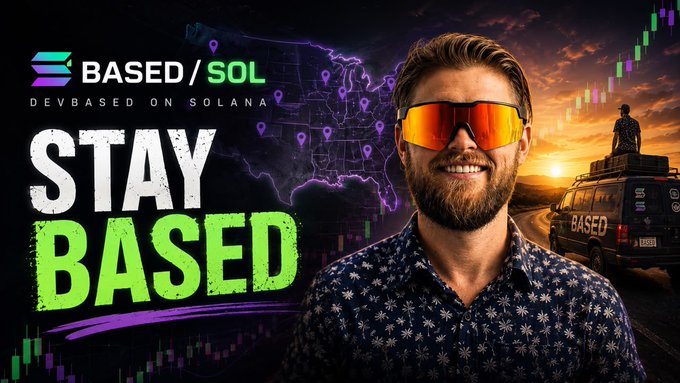A promotional graphic for BASED/SOL, 'DEVBASED ON SOLANA,' featuring a smiling bearded man in orange sunglasses, a US map with location pins, stock charts, and the slogan 'STAY BASED.'
