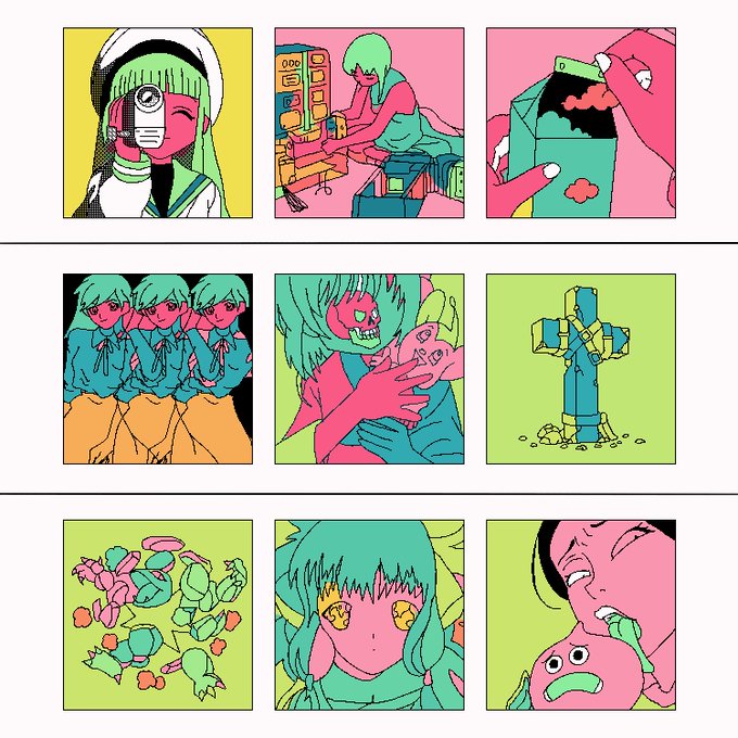 A grid of nine stylized, pop-art illustrations in vibrant green, pink, and yellow colors featuring various characters and surreal scenes.