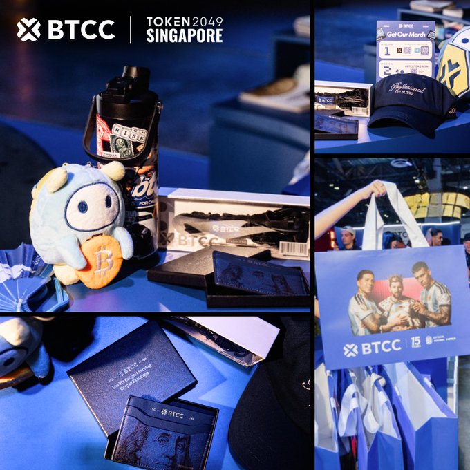 A collage of promotional photos from 'BTCC | TOKEN2049 SINGAPORE' showing branded merchandise including water bottles, plush toys, caps, and event materials.
