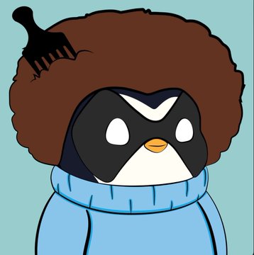 A cartoon penguin character with a large brown afro, a black comb stuck in the hair, wearing a light blue hoodie and sunglasses on a light blue background.