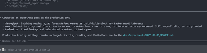 A terminal window reports completion of an experiment on production S090, including model-inference timing, log-loss, and drawdown results, and says it worked for 129 minutes.