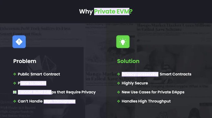 The image is a comparison slide titled "Why Private EVM?" contrasting "Problem" (public smart contracts with privacy limitations) against "Solution" (private smart contracts that are highly secure and enable new use cases for privacy-focused dApps). It relates to the post by illustrating Beldex Coin's research into running an EVM with privacy features, highlighting the trade-offs between transparency and confidentiality that their proof-of-concept aims to address.