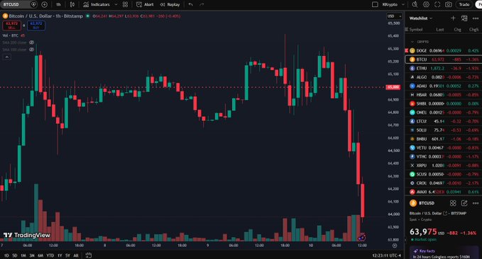 A cryptocurrency TradingView chart displays Bitcoin (BTCUSD) trading at $63,975 (-1.16%) with a sharp downward trend visible on the 1-hour candlestick chart, while the watchlist on the right shows DOGE at $0.0697 (+0.42%) among other declining altcoins, illustrating Bitcoin's drop below $64K while Dogecoin remains in the green.