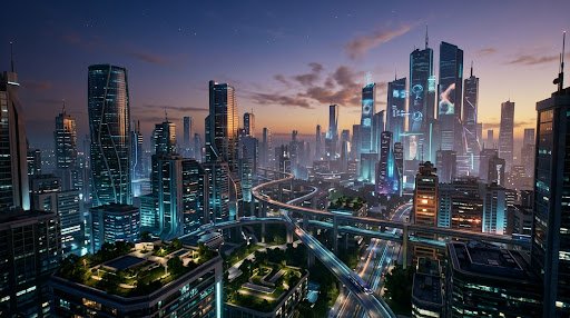 A futuristic cityscape at dusk features numerous illuminated skyscrapers and winding elevated highways.