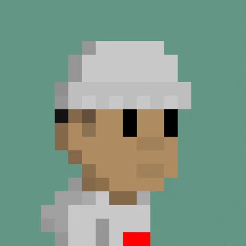 Pixel art chef character wearing a white chef's hat and uniform with a red apron, shown in profile against a teal background.