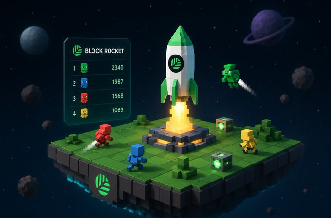 A colorful 3D game scene titled 'BLOCK ROCKET' featuring a leaderboard with scores (2340, 1987, 1568, 1063), a launching rocket, and small character figures on a floating platform with planets in the background.