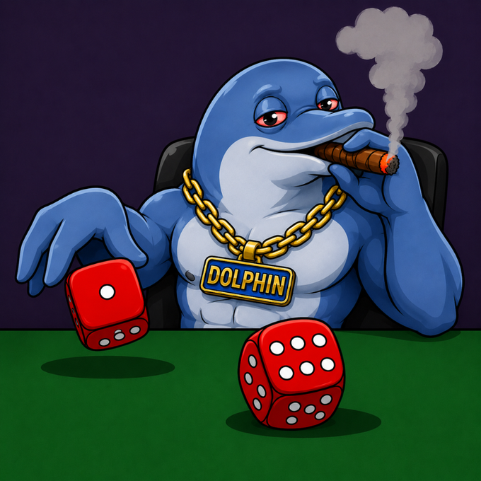 A cartoon illustration of a muscular, anthropomorphic dolphin wearing a gold chain with a 'DOLPHIN' nameplate, smoking a cigar at a green table with two red dice.