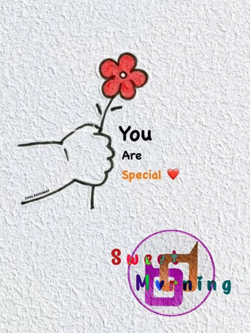 A minimalist illustration of a hand giving a thumbs-up holding a red flower with the text 'You Are Special' and a red heart, accompanied by a colorful 'Sweet Morning' logo at the bottom.