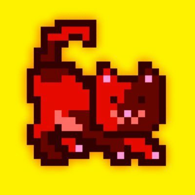 A pixel art red cat with pink accents on a bright yellow background, depicted in a playful crouching pose to celebrate International Cat Day in support of MoonCat Rescue.