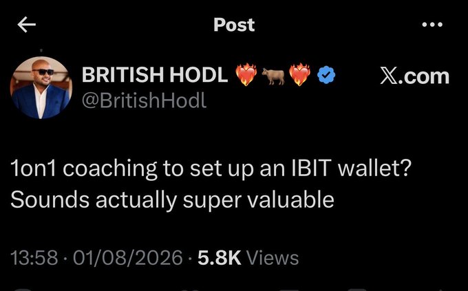 A screenshot of a post from X.com by user "BRITISH HODL" (@BritishHodl) reading "1on1 coaching to set up an IBIT wallet? Sounds actually super valuable," dated 01/08/2026 with 5.8K views.