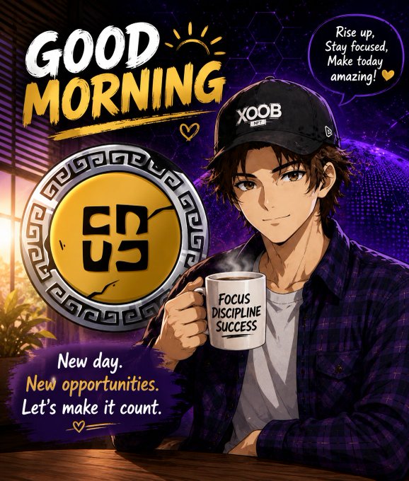 The image features a man sitting at a table with a coffee cup in his hand. The background of the image shows a clock and a banner that says "Good Morning!". Below this, there are two lines of text: one saying "gm good morning CT" and another stating "Where AI, coordination & programmable value work together - not as trends, but as infrastructure". This suggests that the man is sitting at his desk in front of a computer screen. The image also contains an illustration of a clock with a globe on it, which adds to the overall theme of time and technology.