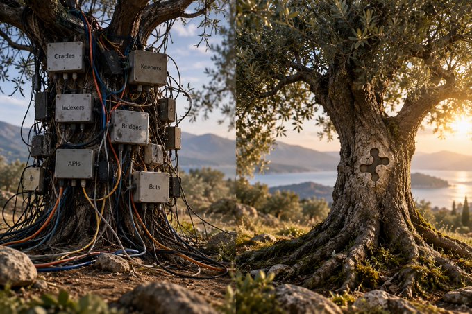 A surreal scene showing two olive trees by a coastal landscape at sunset, with the left tree tangled in cables and labeled boxes reading 'Oracles', 'Indexers', 'Bridge', 'APIs', and 'Bots', while the right tree has an XRP logo carved into its trunk.