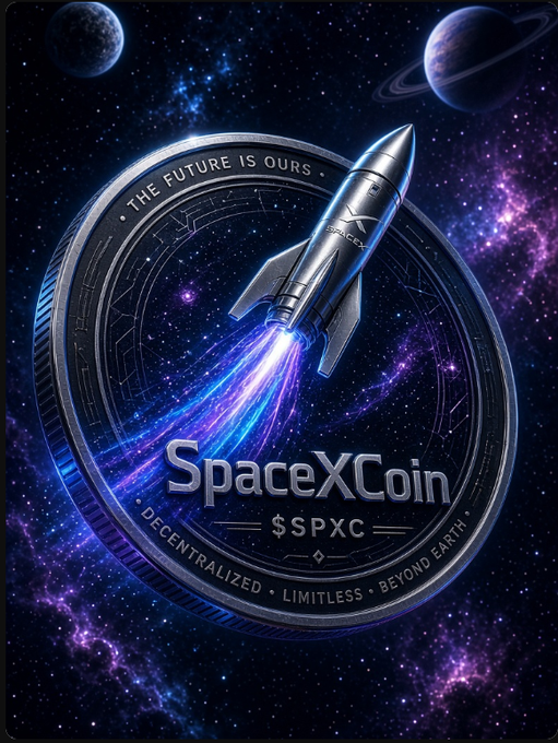 Digital artwork of a silver SpaceXCoin ($SPXC) featuring a rocket ship blasting through a metallic coin design set against a starry space background with planets and the slogan 'THE FUTURE IS OURS - DECENTRALIZED, LIMITLESS, BEYOND EARTH.'
