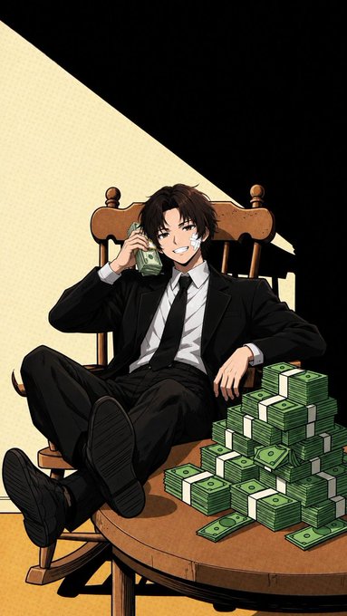 Anime-style illustration of a young man in a black suit sitting in a rocking chair on a table piled with stacks of cash, talking on a phone.