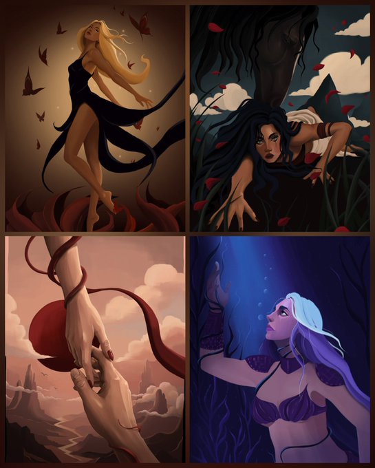 A four-panel illustration showcases stylized female figures in ethereal, nature-themed scenes—blonde hair flowing with butterflies, a dark-haired woman reaching up, hands intertwined across a chasm, and a pale-haired mermaid underwater—all rendered in a distinctive painterly digital style. The artwork aligns with the post, demonstrating the artist's original character creations available for sale as NFTs on Objkt.