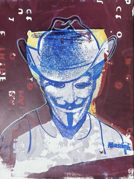 An artistic print depicting a smiling figure wearing a cowboy hat rendered in a mixed-media style with blue, yellow, and red color blocks, featuring the name 'MUSK' in the corner.