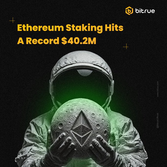 An astronaut holds a moon engraved with the Ethereum logo against a black background, with the headline "Ethereum Staking Hits A Record $40.2M" promoting Bitrue's 3.8% APR yield offer on Ethereum staking.