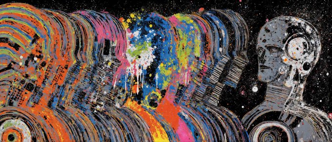 A vibrant, colorful abstract mural or painting featuring a metallic robotic figure on the right side and dynamic splashes of orange, blue, pink, and yellow paint against a starry black background.