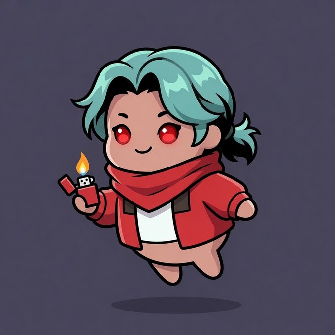 A chibi-style cartoon character with teal hair, red eyes, and a red jacket/scarf holds a lit lighter while floating against a dark purple background.