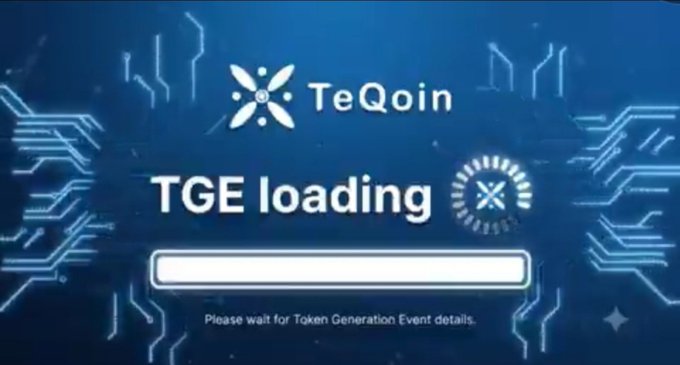 A blue loading screen for TeQoin displays 'TGE loading' with a progress bar and text reading 'Please wait for Token Generation Event details.'