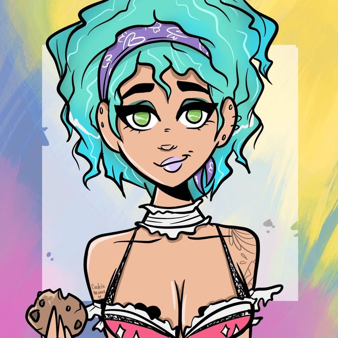 A vibrant digital illustration of a girl with teal curly hair, a purple bandana, green eyes, and purple lipstick, signed by artist Cookie, with a small brown creature in the corner.