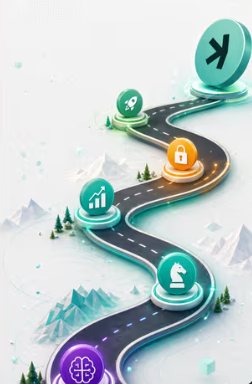 A 3D isometric illustration of a winding road with circular nodes containing icons for crypto, chess, security, and finance.