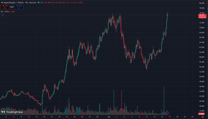 The image shows a line graph with different colored vertical lines that represent the daily closing prices of a stock, such as Bitcoin, in US dollars. The upward trend on the line graph indicates a gain in value over time. This information is related to the posted news article, where it says "HYPE has just hit a new all-time high." This suggests that the stock may have performed exceptionally well recently and continues to rise, potentially indicating positive market sentiment or the success of its innovative concept. The viewer might be interested in learning more about this stock and how it has performed compared to other stocks on the exchange.