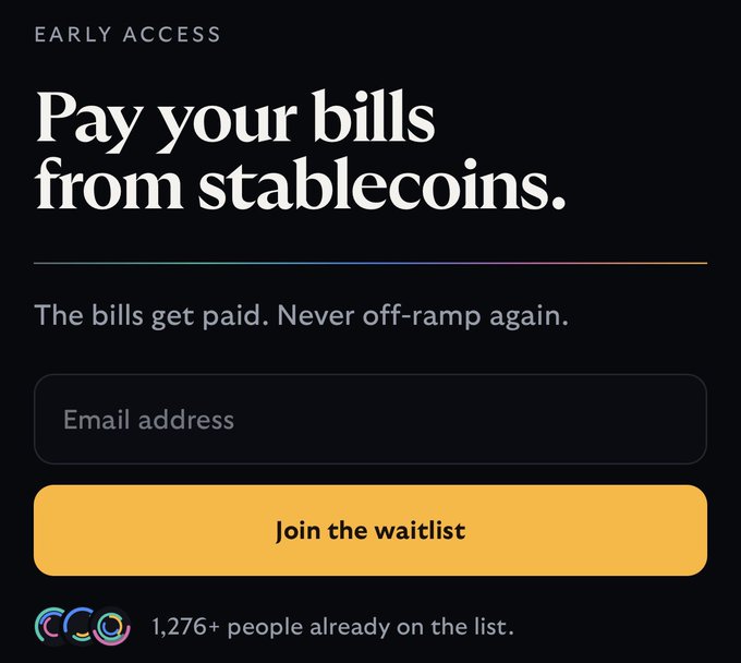 A dark-themed early access landing page for Artisan Cash promotes paying bills with stablecoins, featuring the headline "Pay your bills from stablecoins" and tagline "The bills get paid. Never off-ramp again," with an email signup field, a "Join the waitlist" button, and a social proof line showing "1,276+ people already on the list"—directly matching the post celebrating hitting 1,276 waitlist signups for @artisan.cash/join.