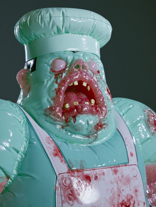 A 3D render of a grotesque green inflatable chef figure with a bloody, monstrous face featuring sharp teeth and a protruding tongue.