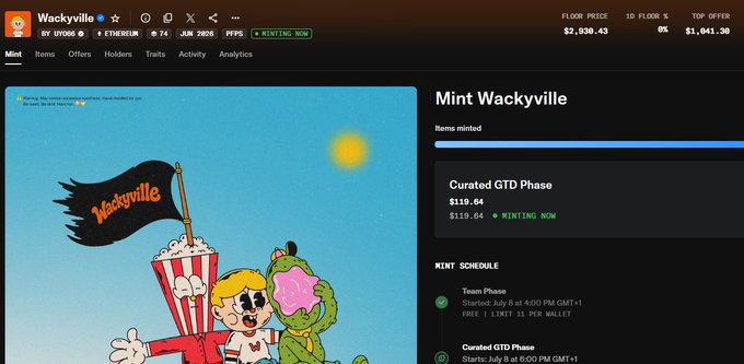 A screenshot of a 'Mint Wackyville' NFT minting page with cartoon artwork featuring characters holding a popcorn and ice cream under a 'Wackyville' flag.