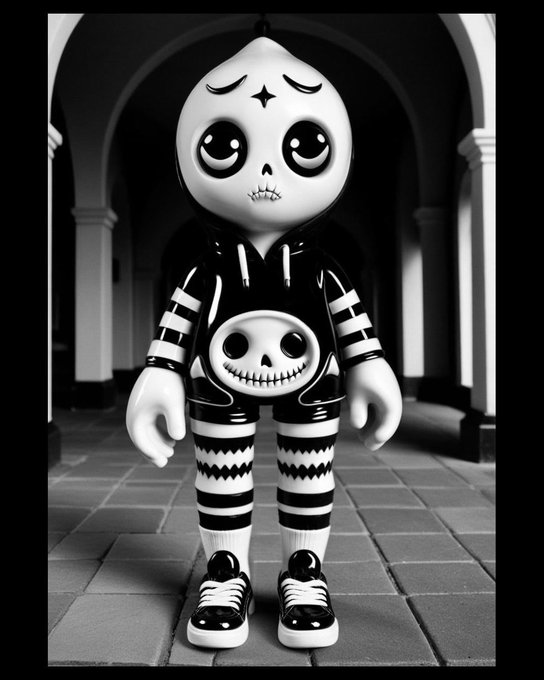 A black-and-white designer toy figure with a hooded skull-like face, stitched mouth, and gothic skeleton-themed clothing stands in an arched hallway. The eerie, collectible-style artwork visually matches the giveaway post's dark, alternative aesthetic, serving as a striking promotional image to attract fans of gothic art and designer toys to the Discord community event.