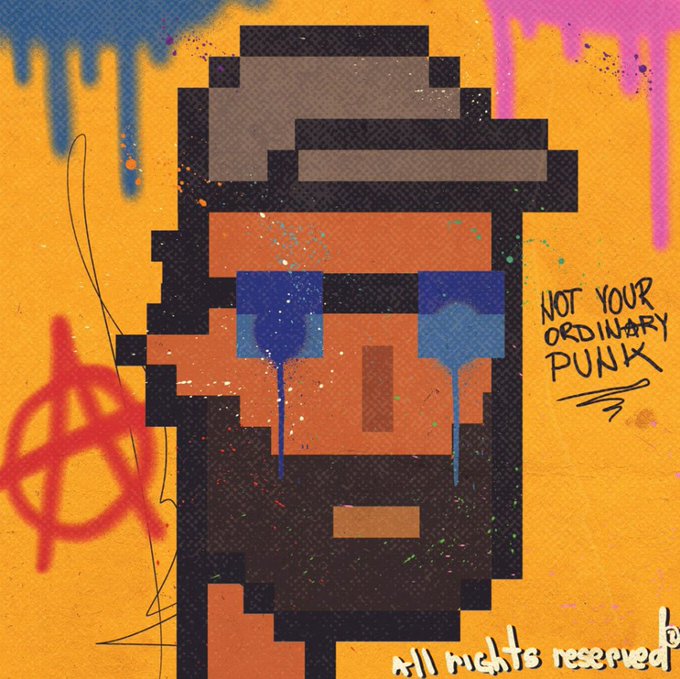 Graffiti-style artwork featuring a pixelated face with dripping blue paint for eyes on an orange background, with the text 'NOT YOUR ORDINARY PUNK' and 'all rights reserved' along with an anarchy symbol.