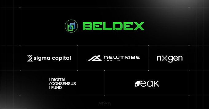 A promotional graphic displays 'BELDEX' at the top with partner logos below: 'sigma capital', 'NEW TRIBE CAPITAL', 'nugen', 'DIGITAL/CONSENSUS/FUND', and 'oak'.