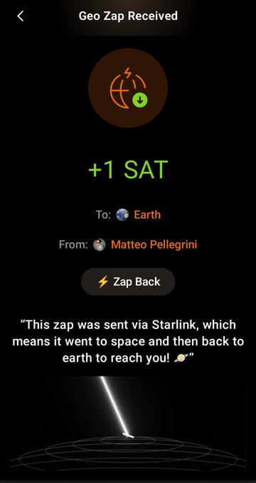 The image shows a phone screen displaying an app called "Geo Zap". It appears that the user has received a message from someone named @cluborange, who sent them a link to a post about Bitcoin. The post includes a picture of a white light shining on a black background and text discussing the app's features.