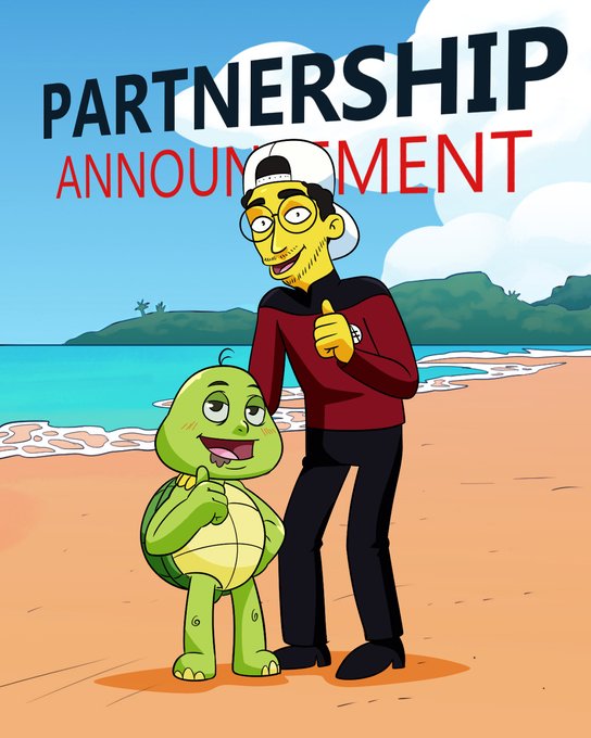 An illustrated 'Partnership Announcement' graphic featuring a cartoon man in a red jacket and backwards cap giving a thumbs-up alongside a smiling green turtle on a beach.