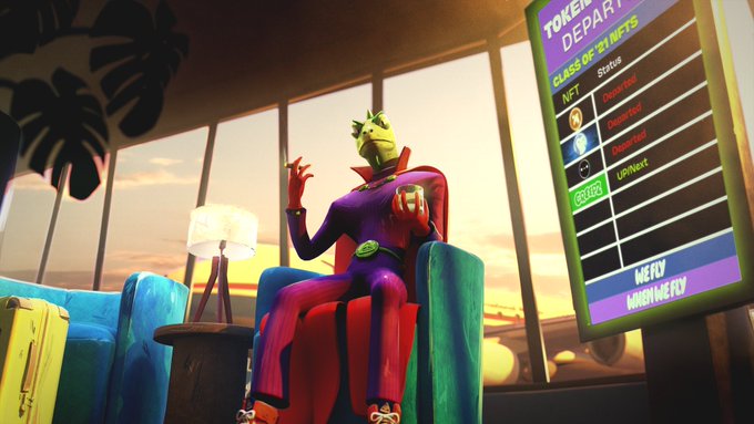 A vibrant 3D-rendered scene featuring a green-skinned frog character in a purple suit sitting in an armchair, with a 'TOKEN DEPART' NFT Class of X Mints leaderboard displayed on the right.